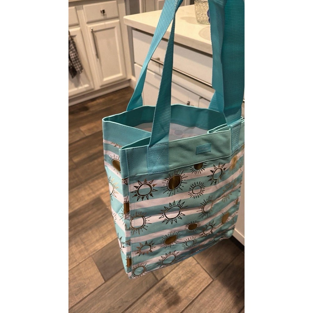 Thirty-One Bag Bundle Central Storage Tote + Clip Pouch Teal Gold White NWT - Picture 8 of 9